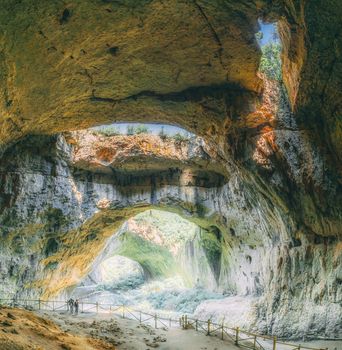 Panoramic view inside the Devetashka Cave near Devetaki village and Osam river in Bulgaria