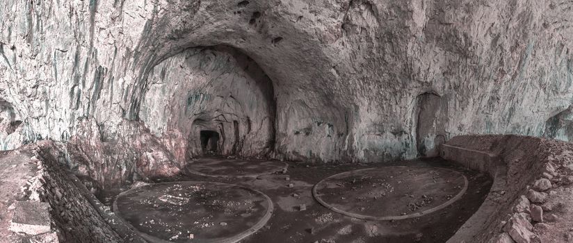 Panoramic view inside the Devetashka Cave near Devetaki village and Osam river in Bulgaria