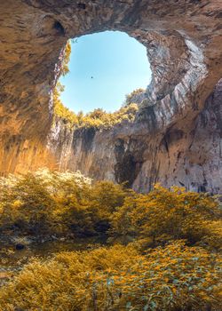 Panoramic view inside the Devetashka Cave near Devetaki village and Osam river in Bulgaria