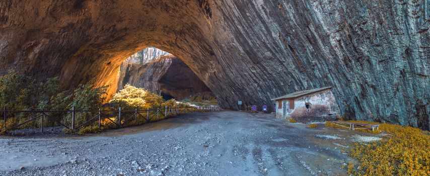 Panoramic view inside the Devetashka Cave near Devetaki village and Osam river in Bulgaria