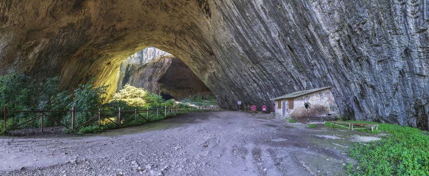 Panoramic view inside the Devetashka Cave near Devetaki village and Osam river in Bulgaria