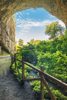 Panoramic view inside the Devetashka Cave near Devetaki village and Osam river in Bulgaria