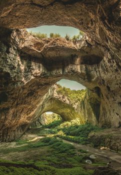 Panoramic view inside the Devetashka Cave near Devetaki village and Osam river in Bulgaria