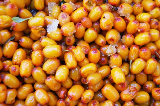 Colorful bright background from collected harvests of the berry seabuckthorn