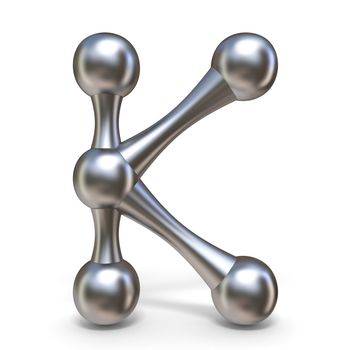 Steel molecular font Letter K 3D render illustration isolated on white background