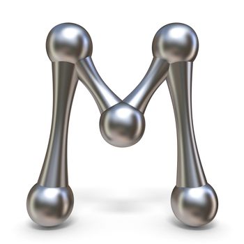 Steel molecular font Letter M 3D render illustration isolated on white background
