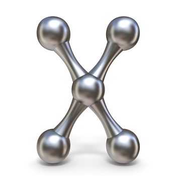 Steel molecular font Letter X 3D render illustration isolated on white background