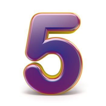 Number FIVE 5 purple font yellow outlined 3D rendering illustration isolated on white background