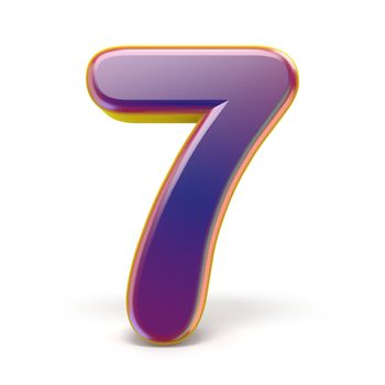 Number SEVEN 7 purple font yellow outlined 3D rendering illustration isolated on white background