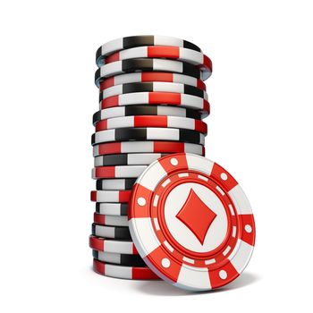Stack of gambling chips and one Red diamond chip 3D render illustration isolated on white background