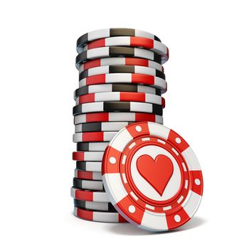 Stack of gambling chips and one Red heart chip 3D render illustration isolated on white background