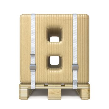 Cardboard box font Number 8 EIGHT on wooden pallet 3D render illustration isolated on white background