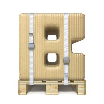 Cardboard box font Letter B on wooden pallet 3D render illustration isolated on white background
