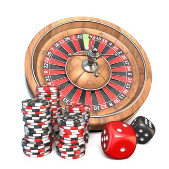 Roulette, dice and gambling chips 3D render illustration isolated on white background