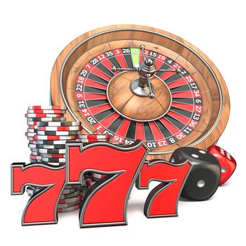 Roulette, dice, 777 and gambling chips 3D render illustration isolated on white background