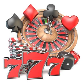 Roulette, dice, 777, playing card signs and gambling chips 3D render illustration isolated on white background
