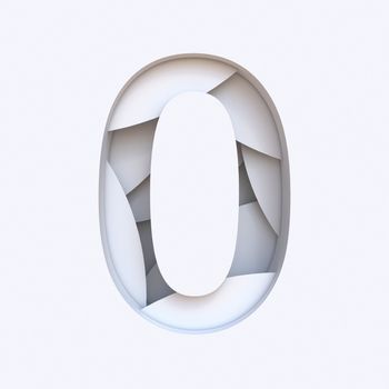 White abstract layers font Number 0 ZERO 3D render illustration isolated on white background