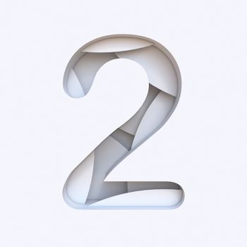 White abstract layers font Number 2 TWO 3D render illustration isolated on white background