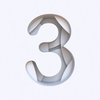 White abstract layers font Number 3 THREE 3D render illustration isolated on white background