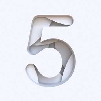 White abstract layers font Number 5 FIVE 3D render illustration isolated on white background