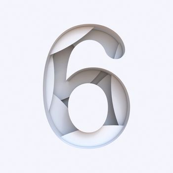 White abstract layers font Number 6 SIX 3D render illustration isolated on white background