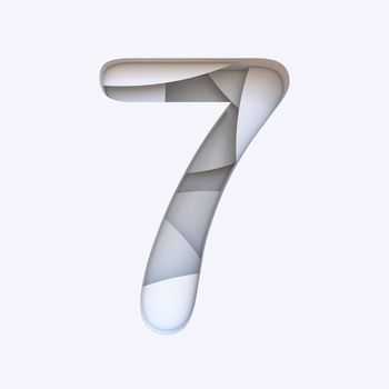 White abstract layers font Number 7 SEVEN 3D render illustration isolated on white background