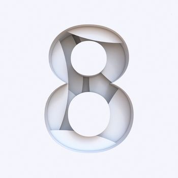 White abstract layers font Number 8 EIGHT 3D render illustration isolated on white background