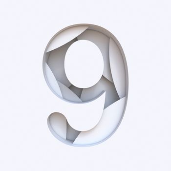 White abstract layers font Number 9 NINE 3D render illustration isolated on white background