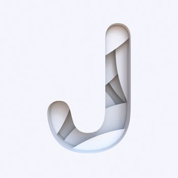 White abstract layers font Letter J 3D render illustration isolated on white background