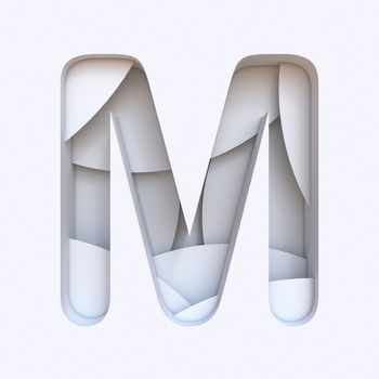 White abstract layers font Letter M 3D render illustration isolated on white background