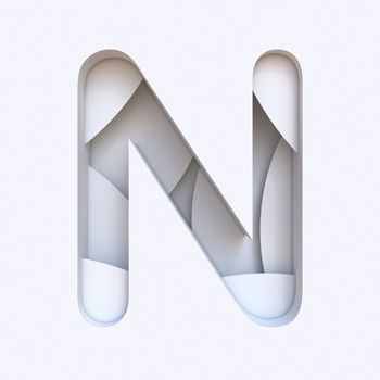 White abstract layers font Letter N 3D render illustration isolated on white background