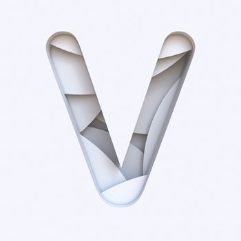 White abstract layers font Letter V 3D render illustration isolated on white background