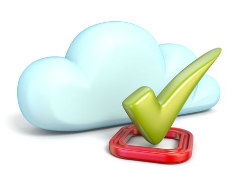 Cloud icon with green check mark 3D rendering isolated on white background