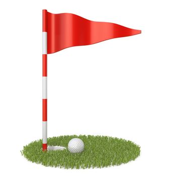 Red golf flag, golf ball and grass hole 3D rendering illustration isolated on white background