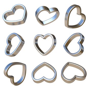 Metal dimensional hearts 3D rendering illustration isolated on white background