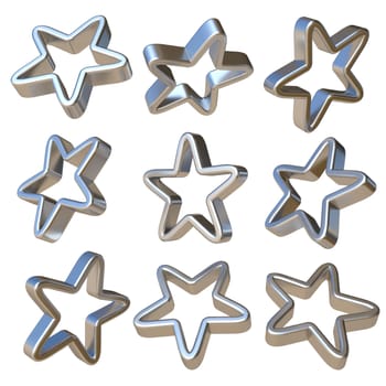 Metal dimensional stars 3D rendering illustration isolated on white background