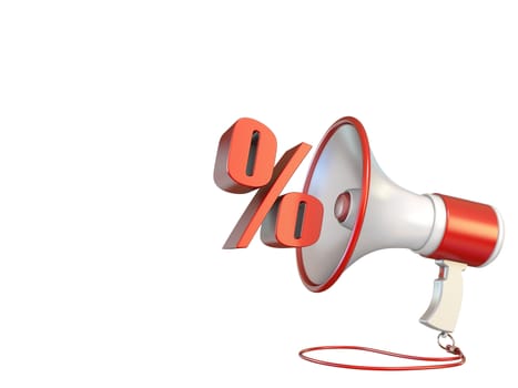 Percent sign and megaphone 3D rendering illustration isolated on white background
