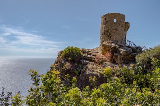 View of an old watchtower on the Mediterranean Sea in Palma de Mallorca, Spain