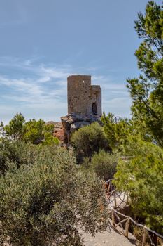 View of an old watchtower on the Mediterranean Sea in Palma de Mallorca, Spain