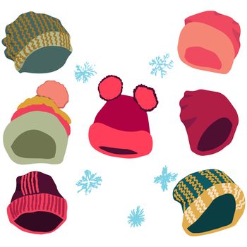 Winter headwear set. Different design on colorful warm hats. illustration of knitted hats, beanies isolated on white background. Poster design element.