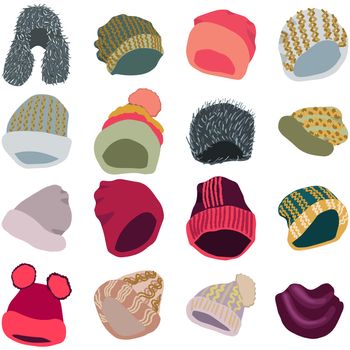 Winter headwear set. Different design on knitted hats and scarf. illustration of knitted hats, beanies isolated on white background. Poster design element.