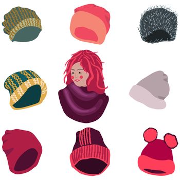 Winter headwear collection. Girl with scarf and selection of hats. illustration of knitted hats, beanies isolated on white background. Poster design element.