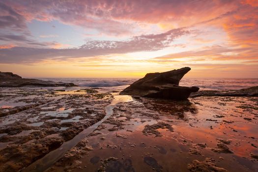 Beautiful sunrise on the coastal rock shelf at low tide with the sky colours reflected in tidal water. The feature rock is known by locals as Shark Tooth Rock