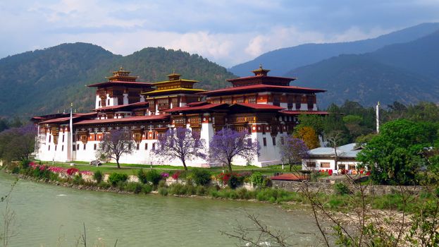 The Punakha Dzong also known as Pungtang Dewa chhenbi Phodrang meaning the palace of great happiness or bliss, in Bhutan.