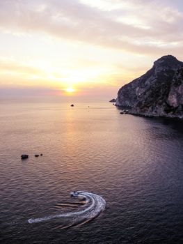 Beautiful sunset view from Paleokastritsa monastery, Corfu island, Greece.