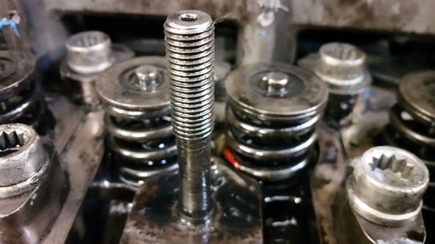 A bolt and springs on the disassembled engine. Close-up
