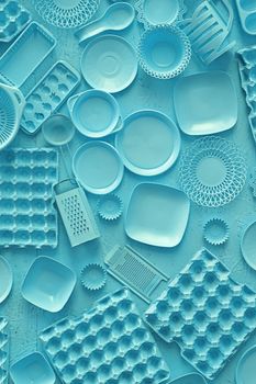 Close up flat lay of different blue color painted kitchen utensils and tools, grater, spoon, egg carton, plastic disposable plates, elevated top view, directly above