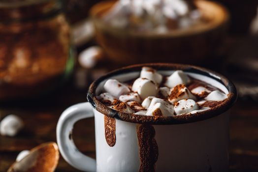 Mug of Cocoa with Marshmallow. Close Up View with Copy Space on the Top.