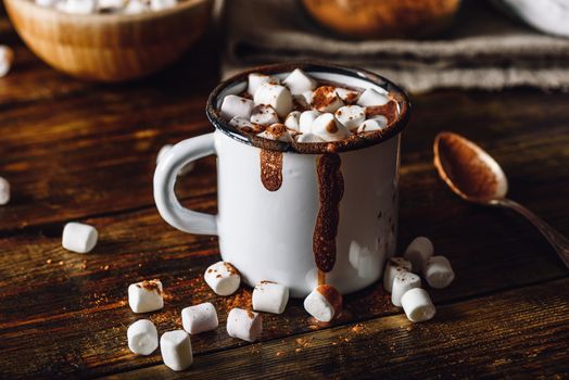Dirty Mug of Cocoa with Marshmallows. Spoon and Scattered Marshmallow on Wooden Background.