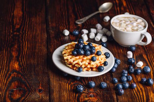 Belgian Waffles on White Plate with Fresh Blueberry and Cup of Hot Chocolate with Marshmallow. Copy space on the Left Side.